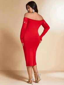 Allurite Plus Size Mulheres Elegante Frisado Ombro Aberto Bainha Assimétrica Vestido de Malha Manga Longa, Amor/Amante Coração Dia dos Namorados - Vermelho - Ver 2