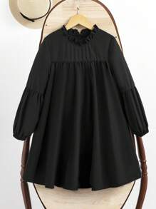SHEIN Tween Girl Sweet Ruffle Lantern Sleeve Dress, Suitable For Autumn/Winter - Black - View 5