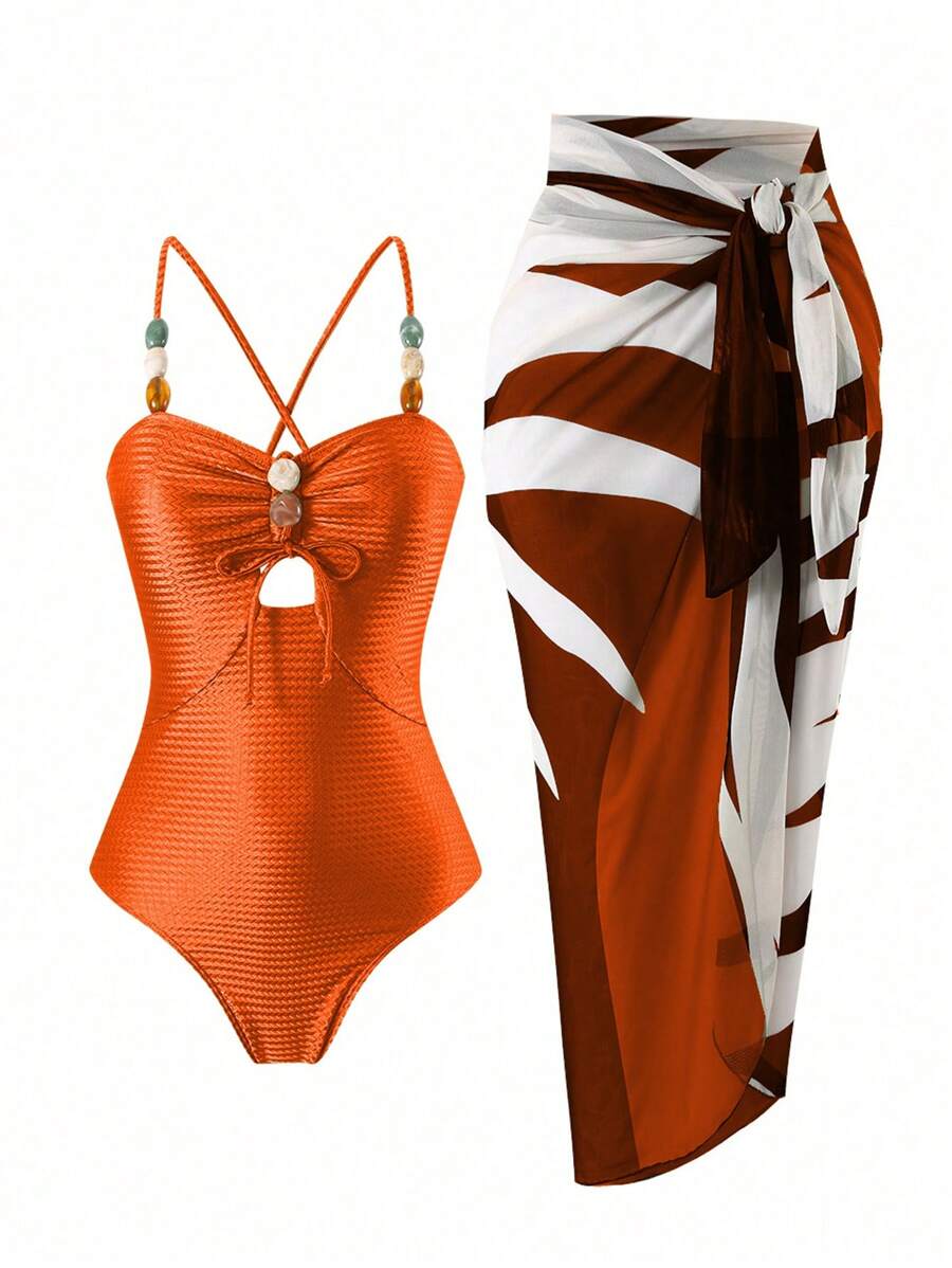 Swim Oasis 2 件套女士纯色细肩带泳衣搭配对比色罩衫夏季 - 鏽棕色 - 查看 1