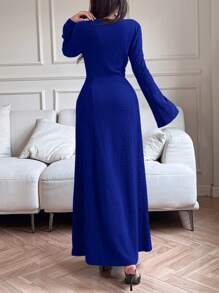 Feyla Vestido largo de mujer elegante de manga campana de un solo color - azul real - Ver 2