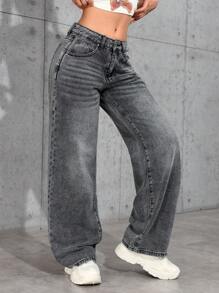 SHEIN EZwear 女式前扣口袋简约牛仔裤，休闲日常穿着 - 淺灰色 - 查看 5