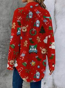 EMERY ROSE Christmas Santa Claus Gift & Reindeer Gingerbread Print Loose Blouse For Women, Autumn/Winter - Red - View 3