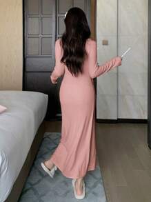 DAZY Ruffled Collar Fitted Casual Dress For Home Wear Fall,Winter Pajama - Pink - View 2