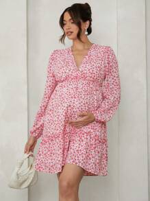 MaterniChic Maternity Autumn Ditsy Floral Ruffle Trim Dress, Fit For Valentine's Day, Party, Baby Shower - Pink - View 1