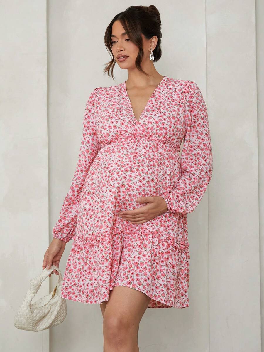 MaterniChic Maternity Autumn Ditsy Floral Ruffle Trim Dress, Fit For Valentine's Day, Party, Baby Shower - Pink - View 1