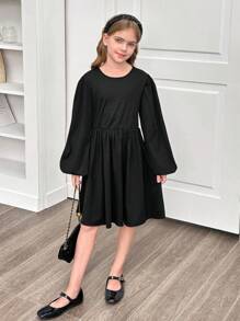 Tween 女童休闲豹纹蝴蝶结后背泡泡袖收腰针织长裙，黑色，秋冬