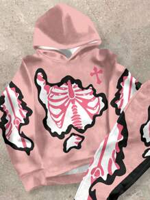 SHEIN Casual Tween Boy Two-Piece Set, Oversized Stylish Cool Hip Hop Punk Skull Graphic Print Hoodie Sweatshirt & Pants
