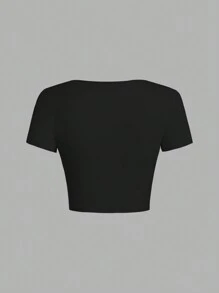 SHEIN EZwear Damska, swobodna, jednokolorowa, kwadratowa, obcisła koszulka z krótkim rękawem i kwadratowym dekoltem