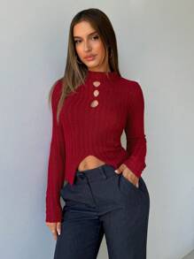 Aloruh Women's Autumn And Winter Sweaters, Elegant Business Commuting, Casual And Simple Inner Sweaters, Burgundy Knitted Tops, Solid Color Turtleneck Sweaters, Warm Christmas Red Sweaters,Angola Red Hollow-Out Open Slit Fitted Long Sleeve Sweater New Years Women Tops