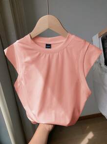 Comfortcana Women Summer Casual Solid Color 2 In 1 T-Shirt Valentine's Day - Baby Pink - View 4