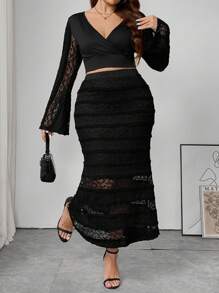 SHEIN Frenchy Plus Size Lace Camisole And Skirt 2 Pieces Outfit, V-Neck Solid Color Top And Skirt Set - Black - View 6