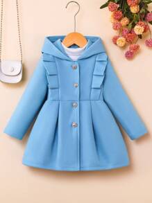 Young Girls Ruffle Trim Long Sleeve Hooded Button-Up Overcoat - Blue - View 1