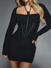 MISSGUIDED Halter Square Neck Long Sleeves Corset Detail Bodycon Mini Dress - Black - View 6
