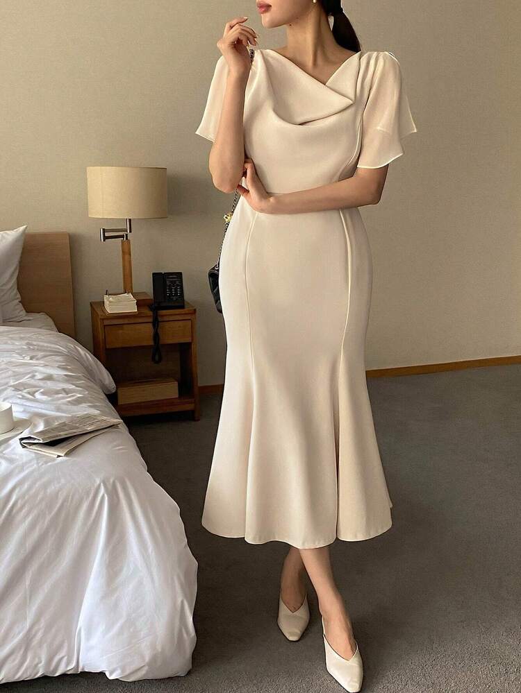 Women's Mid-Length Ruffle Collar Fish Tail Elegant Dress With Short Sleeves Maxi Dress