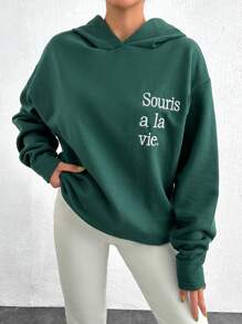 RueChic 100% 纯棉纯色休闲字母刺绣落肩连帽衫，带羊毛衬里