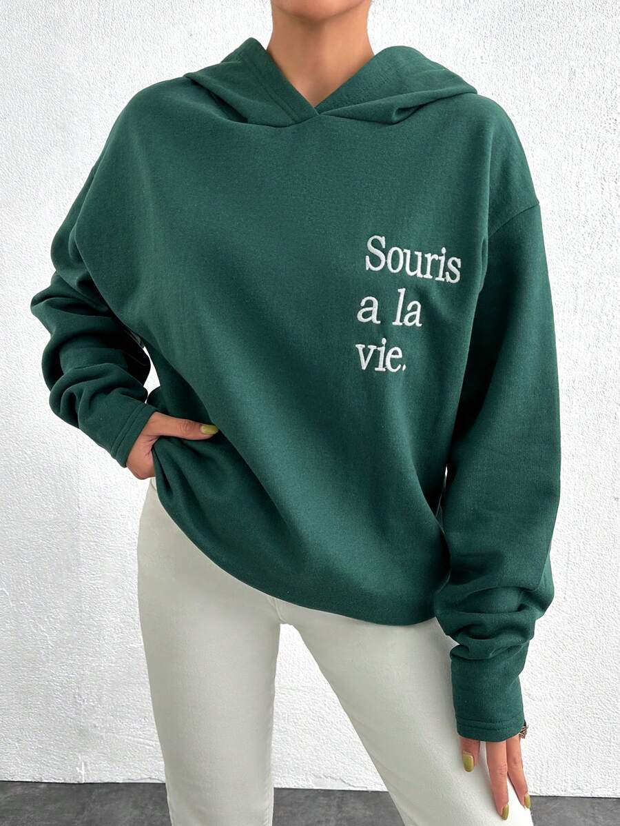 RueChic 100% 纯棉纯色休闲字母刺绣落肩连帽衫，带羊毛衬里