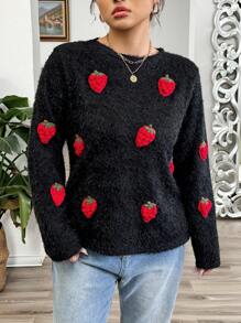 Calvaya Oversized Damen Plüsch Sweatshirt, Lässig & Pendeln, warm & bequem, schwarz mit Erdbeere Dekoration, gestrickter Stoff, Herbst/Winter Grafik T-Shirts Damen Tops - Schwarz - Übersicht 3