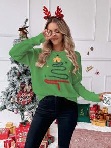 Chiquease Suéter holgado de punto suelto con estampado de líneas de arte del árbol de Navidad 3D brillante con vibra navideña europea y americana, adecuado para otoño/invierno, ideal como regalo