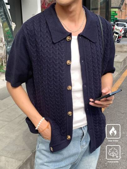 Manfinity CasualKnits Camiseta casual de punto de manga corta y abotonadura frontal de color liso para hombre