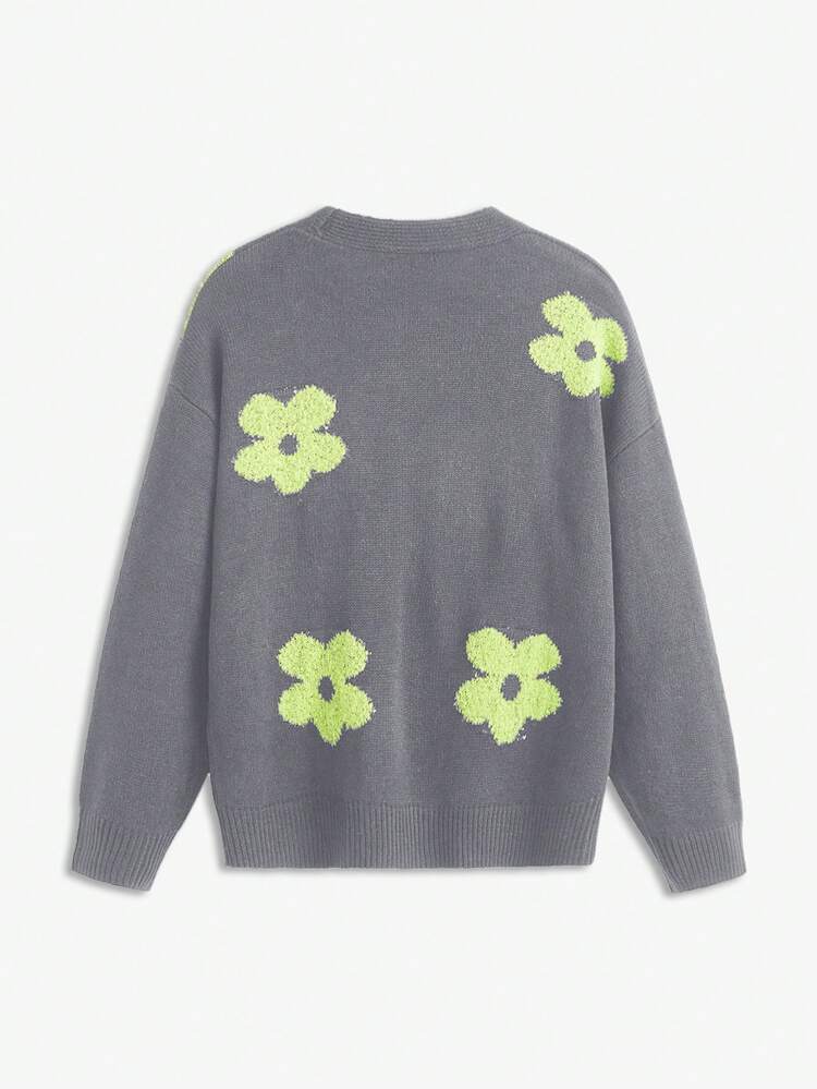 Men's Floral Print Loose Dropped Shoulder Casual Crew Neck Sweater, For Fall Winter