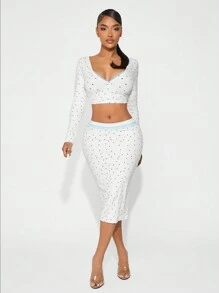 SHEIN SXY 优雅女士性感撞色蕾丝波点白色套装，秋冬 - 白色 - 查看 4