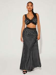 SHEIN SXY Fall Women Clothes;Sexy Women Casual Date Black Polka Dot Satin Lace Embellished V-Neck Tank Top And Ultra Low Waist Fishtail Long Floor-Length Skirt Two-Piece Set;Suitable For Cocktail Party, Romantic Date, Fall/Winter Layering, Parties, Formal Gatherings, Bridesmaid, Going Out, - Black - View 5