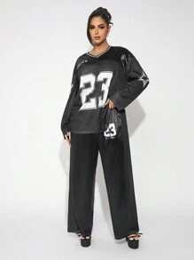 SHEIN SXY Conjunto de 2 peças de agasalho plus size com bloco de cores, estampa numérica e painel de malha, blusa de manga comprida e calça, adequado para outono/inverno - Preto - Ver 3