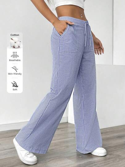 Pariaura Pantalones casuales de pierna ancha de cintura baja a rayas para vacaciones y uso diario de mujeres