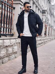 Manfinity Homme Plus Size Men's Solid Color Front Button Long Sleeve Casual Hooded Thick Padded Coat, Going Out Black Warm Winter Coat, For Friends, Husband, Boyfriend Gifts - Black - View 5