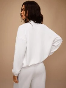 Forever 21 Women's Solid Color Drop Shoulder Long Sleeve Zip Front Baseball Collar Sweatshirt, Autumn - White - View 3