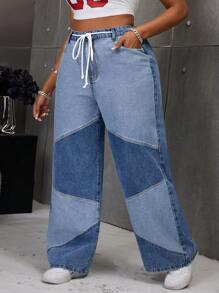 SHEIN SXY Plus Size Women Non-Stretch Blue Denim Straight Leg Jeans With Patchwork Design