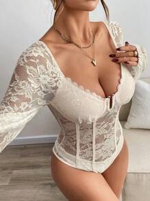 Chiquease Elegant & Sexy Solid Color Sheer Lace Bodysuit, Autumn