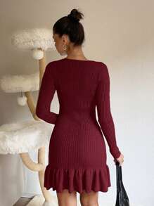 Muchica Deep Red Elastic Bodycon Knitted Sweater Dress