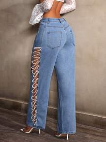 SHEIN SXY Quần Jeans Denim Rỗng Đính Hạt Trang Trí Thanh Lịch Thời Trang Cho Nữ - Màu xanh lam - Xem 3