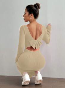 Flirla Women's Solid Color Long Sleeve Casual Sexy Bowknot Dress Fall Cloth For Women - Beige - View 4