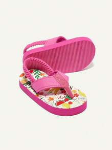 Cozy Pixies Summer Vacation Open Toe Slip-On Sandals With Elastic Band, Fruit & Cartoon Pattern Flip Flops - Hot Pink - View 4