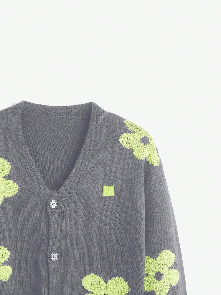 Men's Floral Print Loose Dropped Shoulder Casual Crew Neck Sweater, For Fall Winter