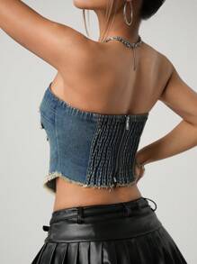 SHEIN ICON Distressed Five-Pointed Star Patch Denim Halter Tank Top - Dark Wash - View 2