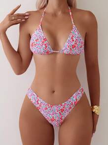 SHEIN Swim 露背系带全身印花比基尼上衣和下装比基尼套装，印花设计多种多样，夏季