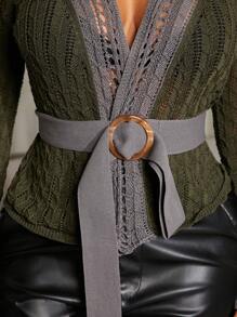 SHEIN SXY Sheer Lace-Up Colorblock Knit Jacquard Hooded Cardigan Fall Clothes Women - Army Green - View 6
