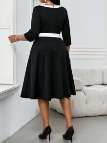SHEIN Lady  Spring And Summer Autumn And Winter Elegant Work Office Colorful Knitted V Neck Flared Belted Midi Three Quarter Length Sleeve Plus Size Dresses - Black and White - View 2