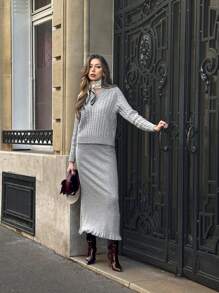 SHEIN Unity Women V-Neck Long Sleeve Sweater And Long Knitted Midi Skirt 2pcs Set, Casual Winter Fall Cloth For Women - Grey - View 6