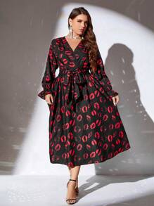SHEIN Clasi Plus Size Lips Print V Neck Long Sleeve Dress, For Spring, Valentine's Day - Red - View 3