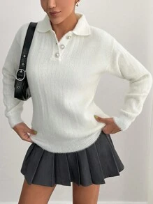 EURMUSE Women Solid Color Hairy Yarn Button Collar Neck Pullover - White - View 2