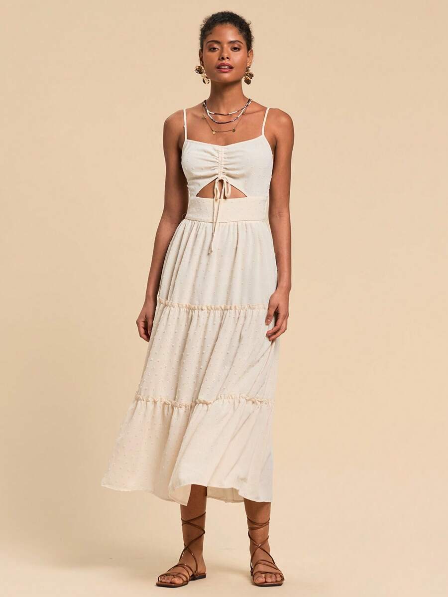 Travachic Women Dresses Memotong Kolor Ruffle Hem Plain Casual Boho - Aprikot - View 1
