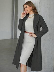 EURMUSE Women's Casual Solid Color Lapel Neck Long Sleeve Long Jacket For Winter - Dark Grey - View 1