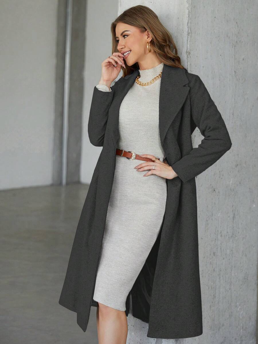 EURMUSE Women's Casual Solid Color Lapel Neck Long Sleeve Long Jacket For Winter - Dark Grey - View 1