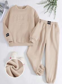 Conjunto de 2 piezas (sudadera y pantalón deportivo) informal suelto para niña preadolescente con detalles grabados con letras y parche gráfico de letras en cuello redondo