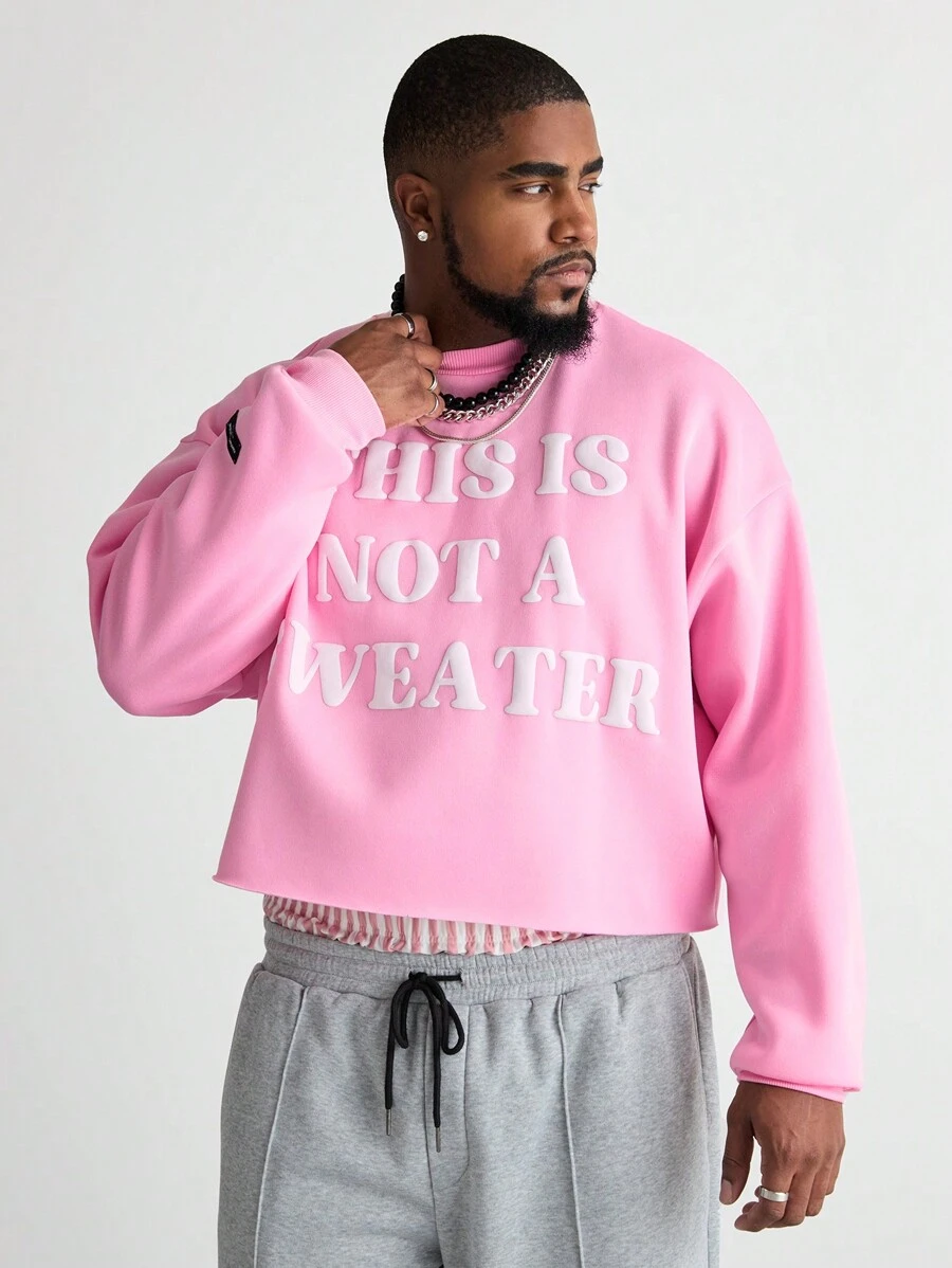 Manfinity VCAY 大码男士粉色针织字母印花宽松短款街头风卫衣外出圆领时尚图案卫衣，适合朋友、丈夫、男朋友的礼物，适合秋冬