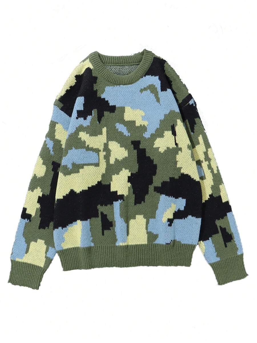 Manfinity Hypemode Men's Camouflage Pattern Crew Neck Long Sleeve Pullover Sweater - Green - View 1